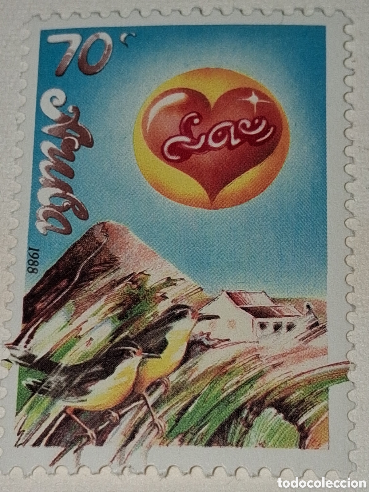 Sellos: Sello (1/2v) Aruba nuevo 1988. Saludos. Felicitaciones. Coraz&oacute;n. Vistas. Aves. P&aacute;jaros. Fauna. Monta