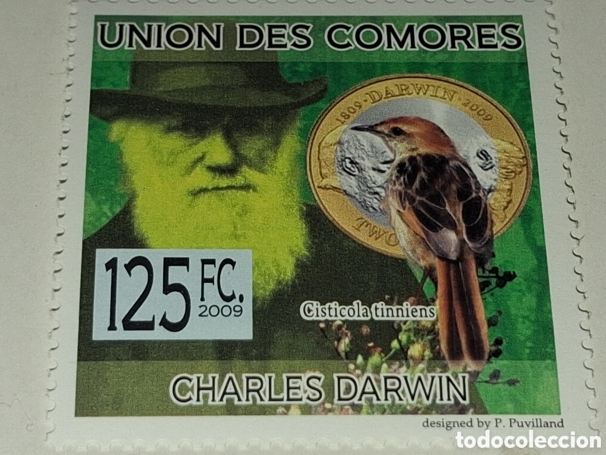 Sellos: Sello Comoras nuevo 2009. 200Aniv nacimiento Ch. Darwin. Naturalista. Fauna. Aves. Pajaros. Numismat