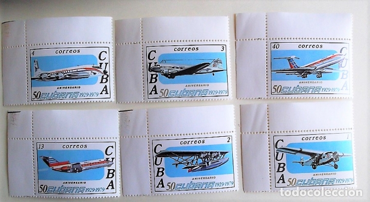 Sellos: Cuba. 2148/53 Aviaci&oacute;n comercial: Trimotor Ford, Hidroavi&oacute;n, Douglas DC3 /6, Iliouchine IL-4, Tupole
