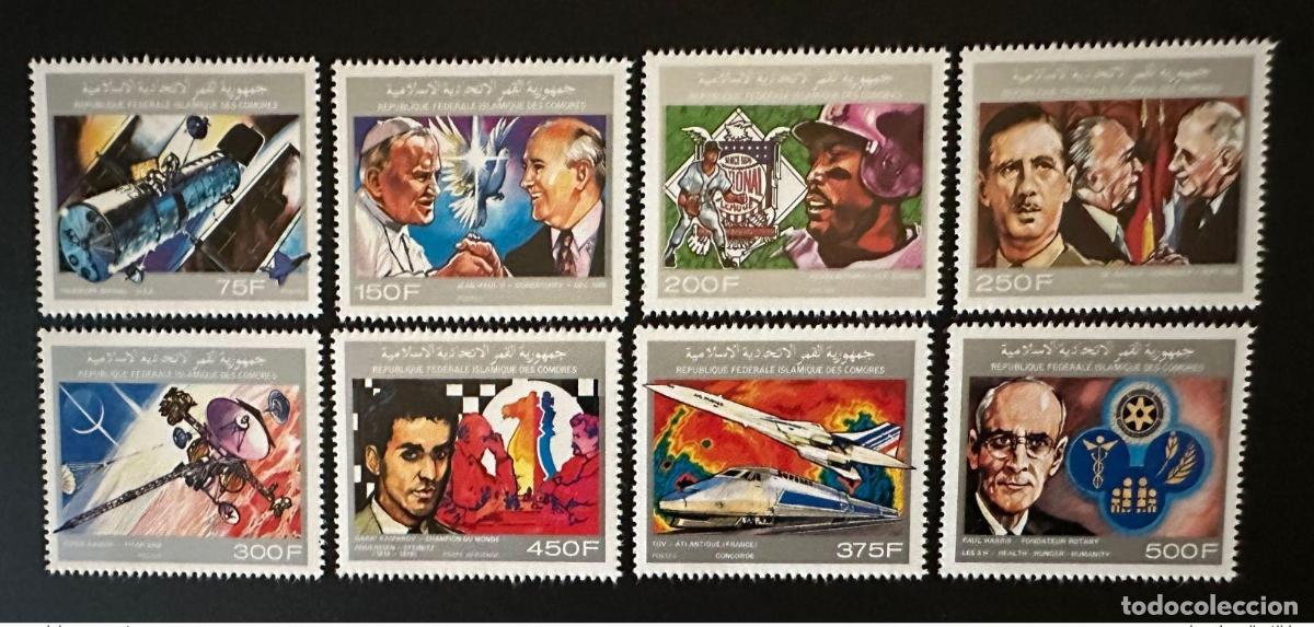 Stamps: Comoras 1990 Mi. 941 - 948 Rotary Chess De Gaulle Papa Juan Pablo Concorde Train
