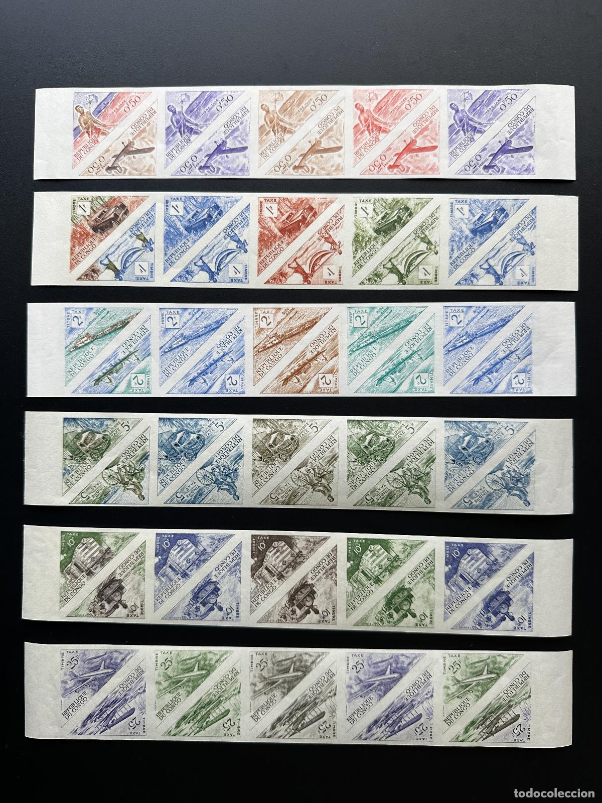 Sellos: Congo Brazza 1961 Mi. 1 - 12 pruebas de color fiscal ND Avi&oacute;n Tren Bicicleta