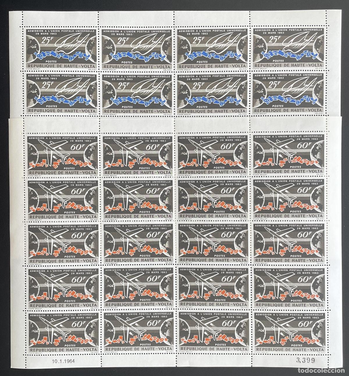 Stamps: Alto Volta 1964 YT 133-134 bloque UPU Uni&oacute;n Postal Universal avi&oacute;n p&aacute;jaro