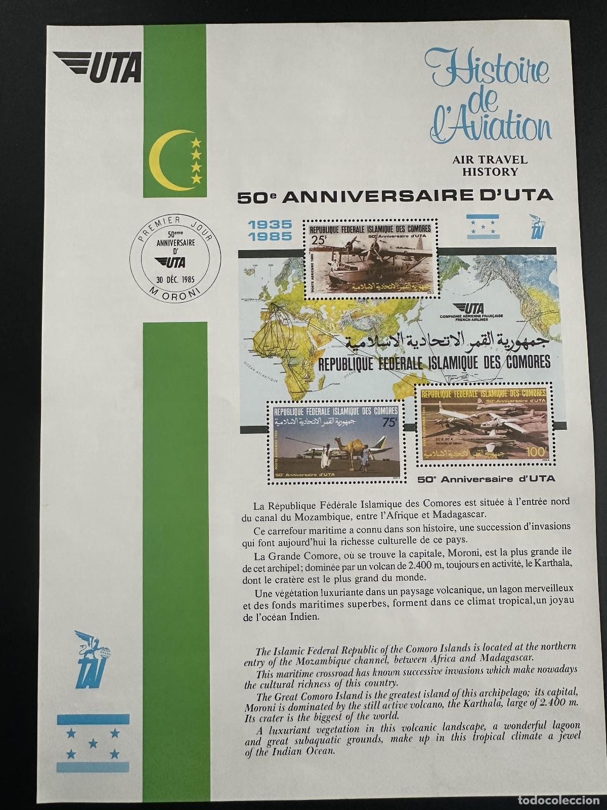 Sellos: Comoras 1985 Mi. 767 - 771 hojas Historia Aviaci&oacute;n aniversario del avi&oacute;n UTA