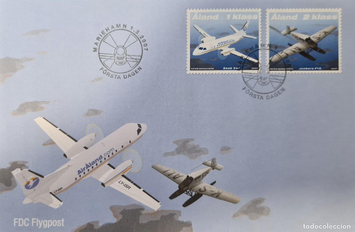 Timbres: Tres sobres de primer d&iacute;a de Aland 2007: correo aereo