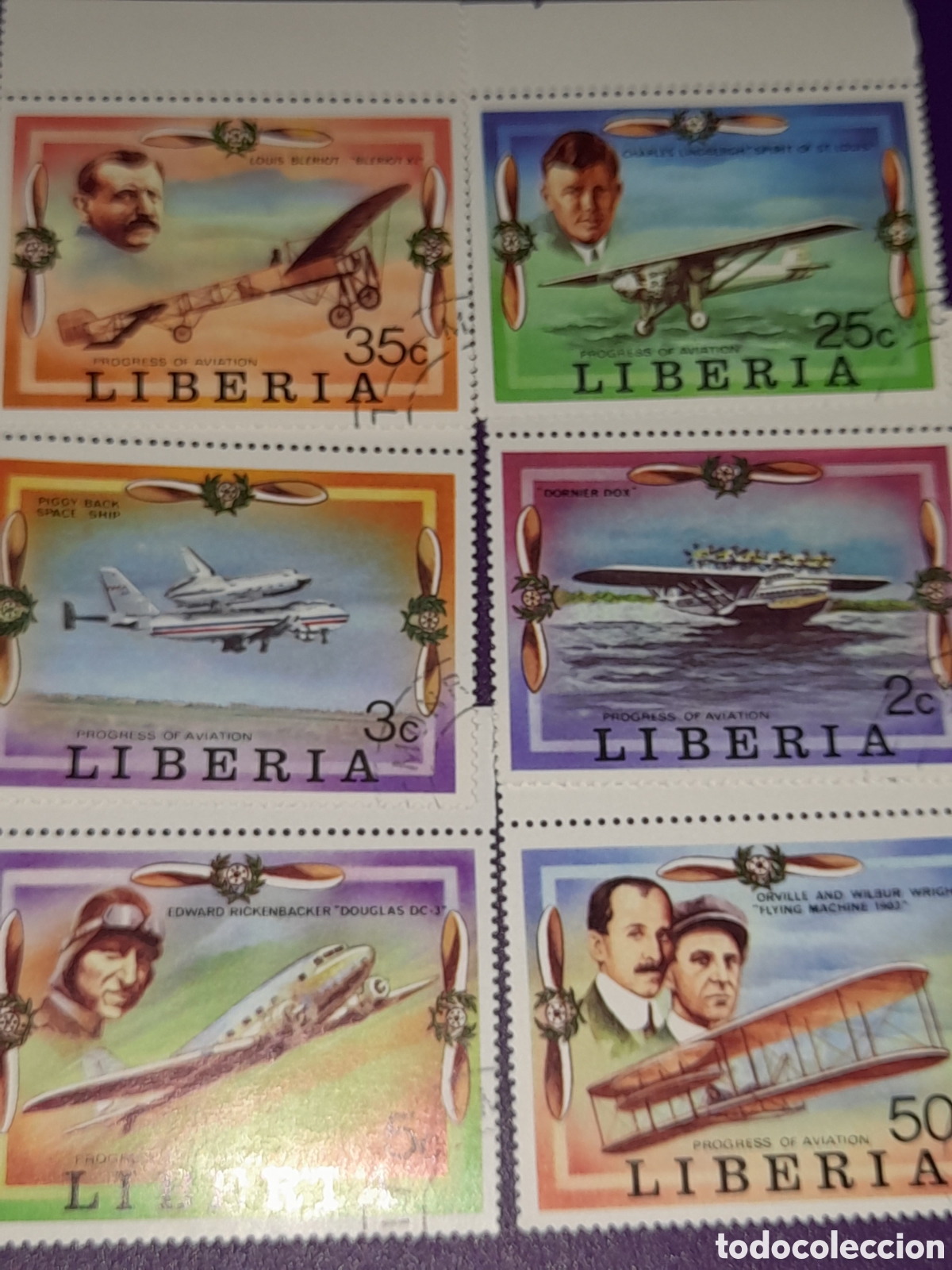 Sellos: Sello Liberia mtdo 1978. Historia aviaci&oacute;n. Vuelos. Aviones. Pilotos. Hidroavion. Avioneta.