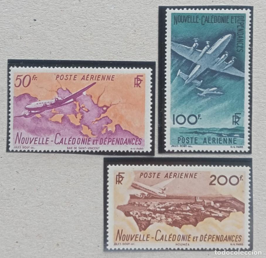 Sellos: 1948. NUEVA CALEDONIA. A 61 / A 63. Aviones sobre la bah&iacute;a de Saint-Vincent. Serie completa. Nuevo.