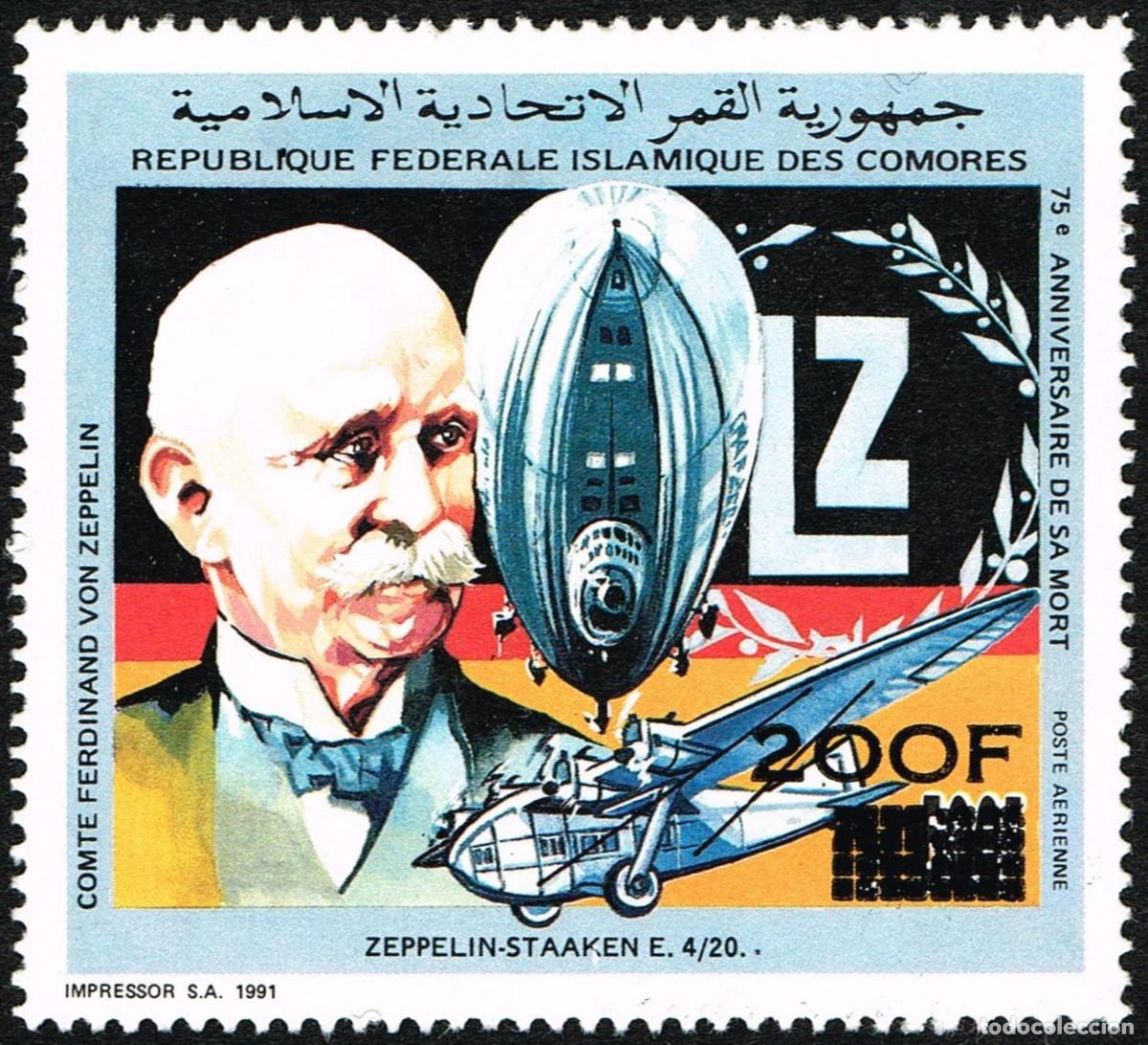 Sellos: Avi&oacute;n sobrecargado Mi. 1180 200F Graf Ferdinand von Zeppelin de Comoras 1996