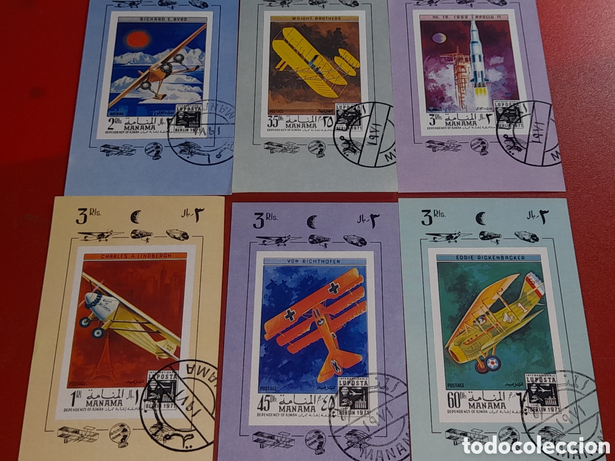 Sellos: HB (6/8v) Manama (E.A.U) mtdo 1971. Exp Filt Inter. Lupita,71. Aviones. Aviaci&oacute;n. Vuelo. Lanzadera.