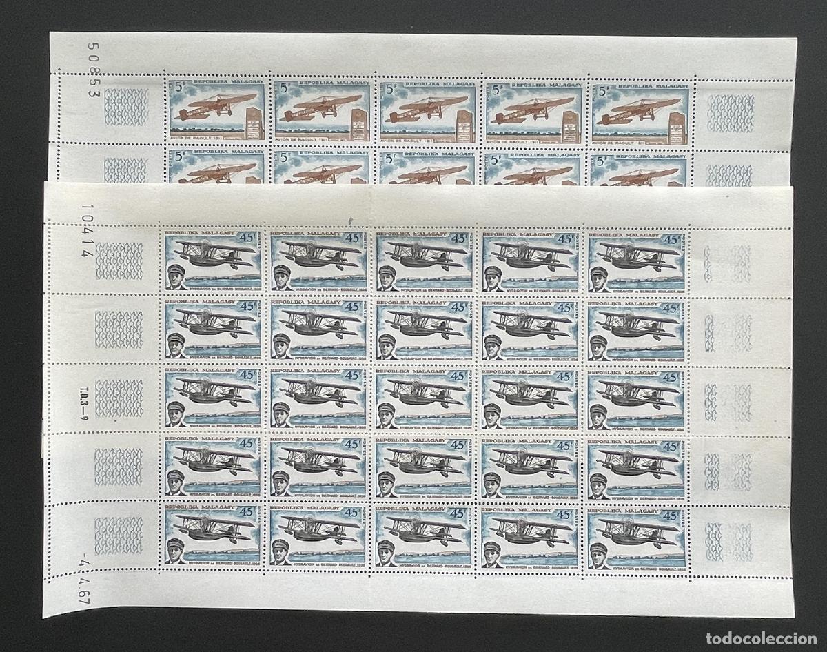 Timbres: Madagascar 1967 YT 435 436 bloque aviaci&oacute;n biplano hidroavi&oacute;n piloto