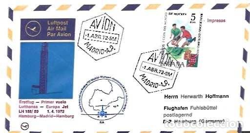 Sellos: Espa&ntilde;a y FDC Lufthansa Europa Jet LI 188, Madrid-Hamburgo 1972 (91176)