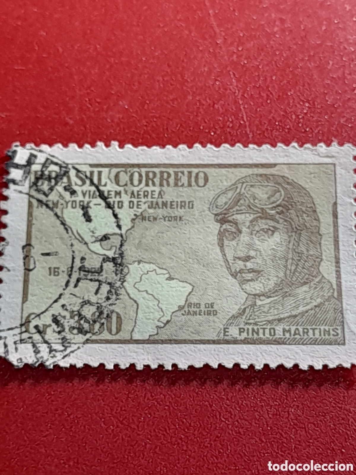 Sellos: Sello Brasil mtdo/udo 1951. 29Aniv primer vuelo R&iacute;o-n. York. Aviaci&oacute;n. Piloto. Cartograf&iacute;a. Mapa. Av