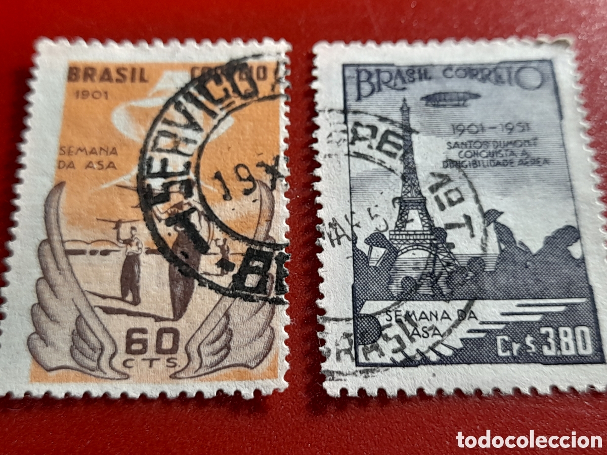 Sellos: Sello Brasil mtdo/udo 1951. Se,ana de la aviaci&oacute;n. Aviones. Vuelos. Torre Eiffel. Dirigible. Modelis