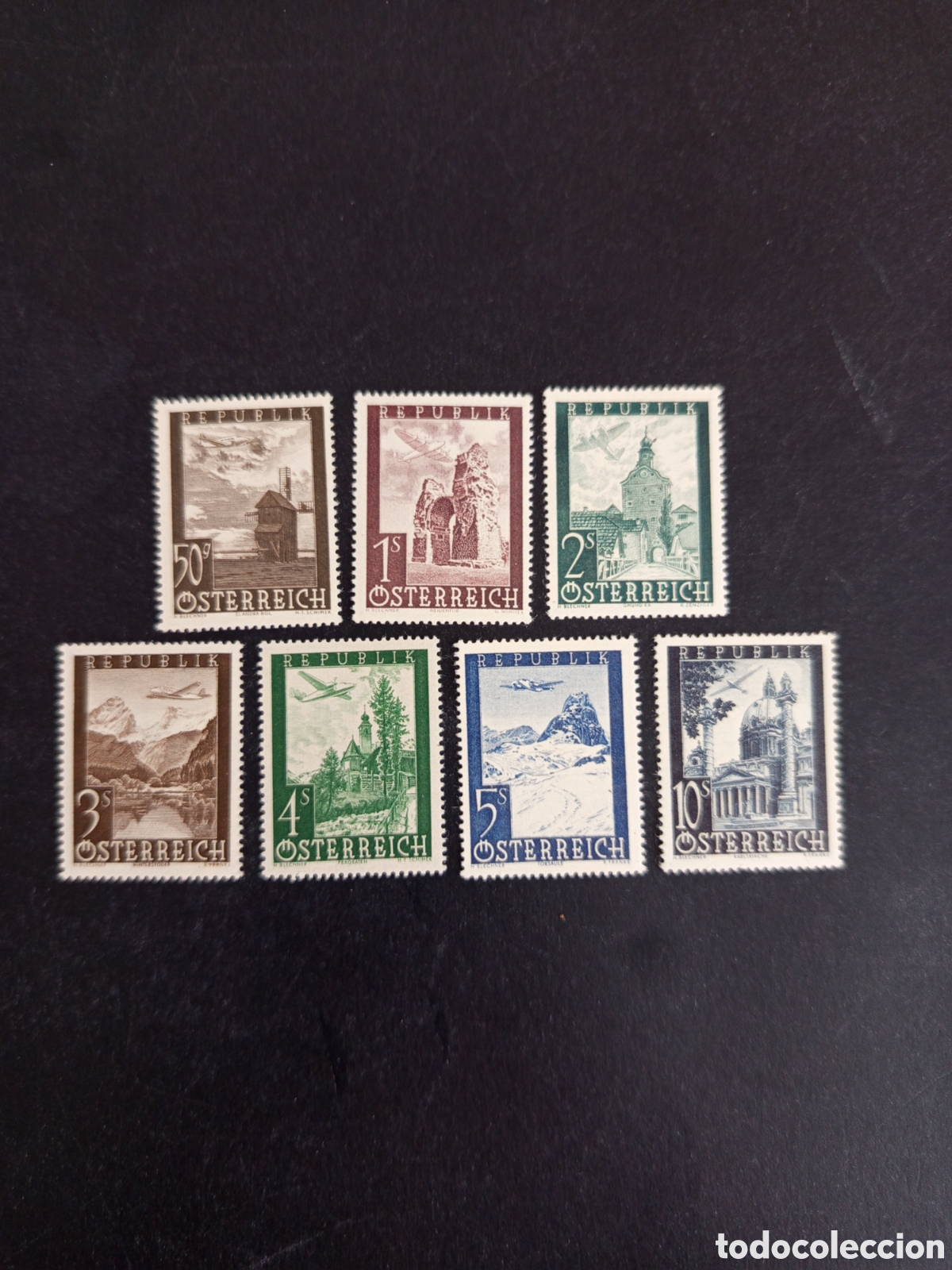 Sellos: AUSTRIA, 1947. CORREO A&Eacute;REO: AVIONES . PAISAJES. YVERT A&Eacute;REO 47/53. PEDIDO M&Iacute;NIMO 3 &euro;. VER FOTOS .