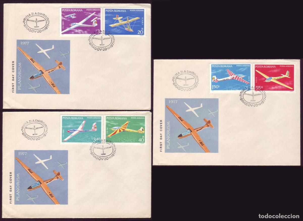 Sellos: 3 FDC Romania, 1977 | Aviation - Gliders | Yv: A245/50, Mi: 3411/6, SG: 4278/83