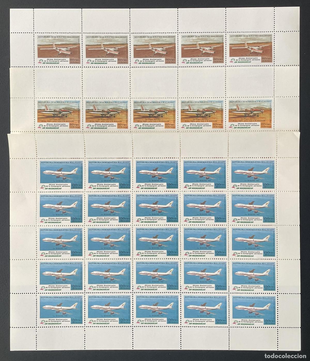Sellos: Madagascar 1987 YT PA 193-195 bloque avi&oacute;n Boeing 747 Piper Aztec
