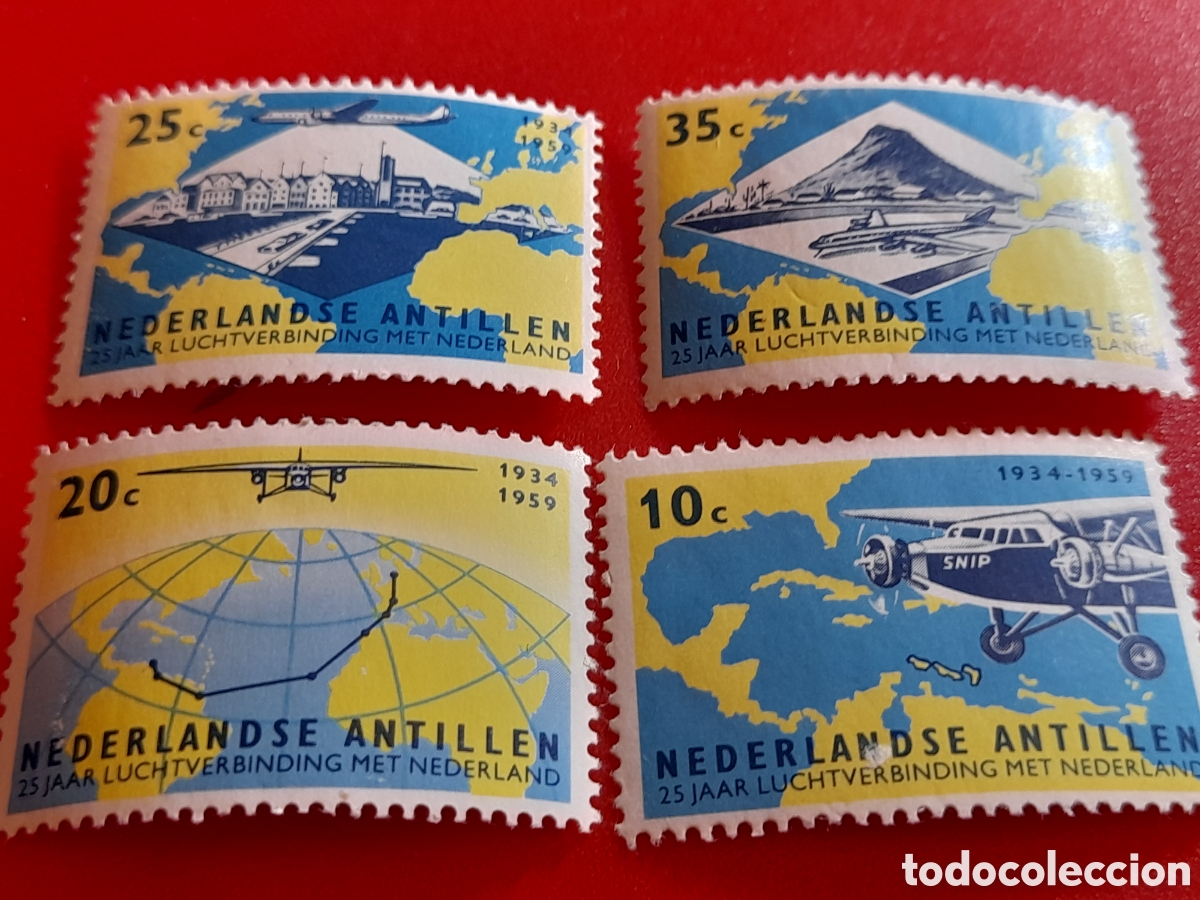 Sellos: Sello Antillas Holandesas nuevo 1959. 25Aniv servicio aereo. Mapa. Aviones. Aviacion. Cartografia. V