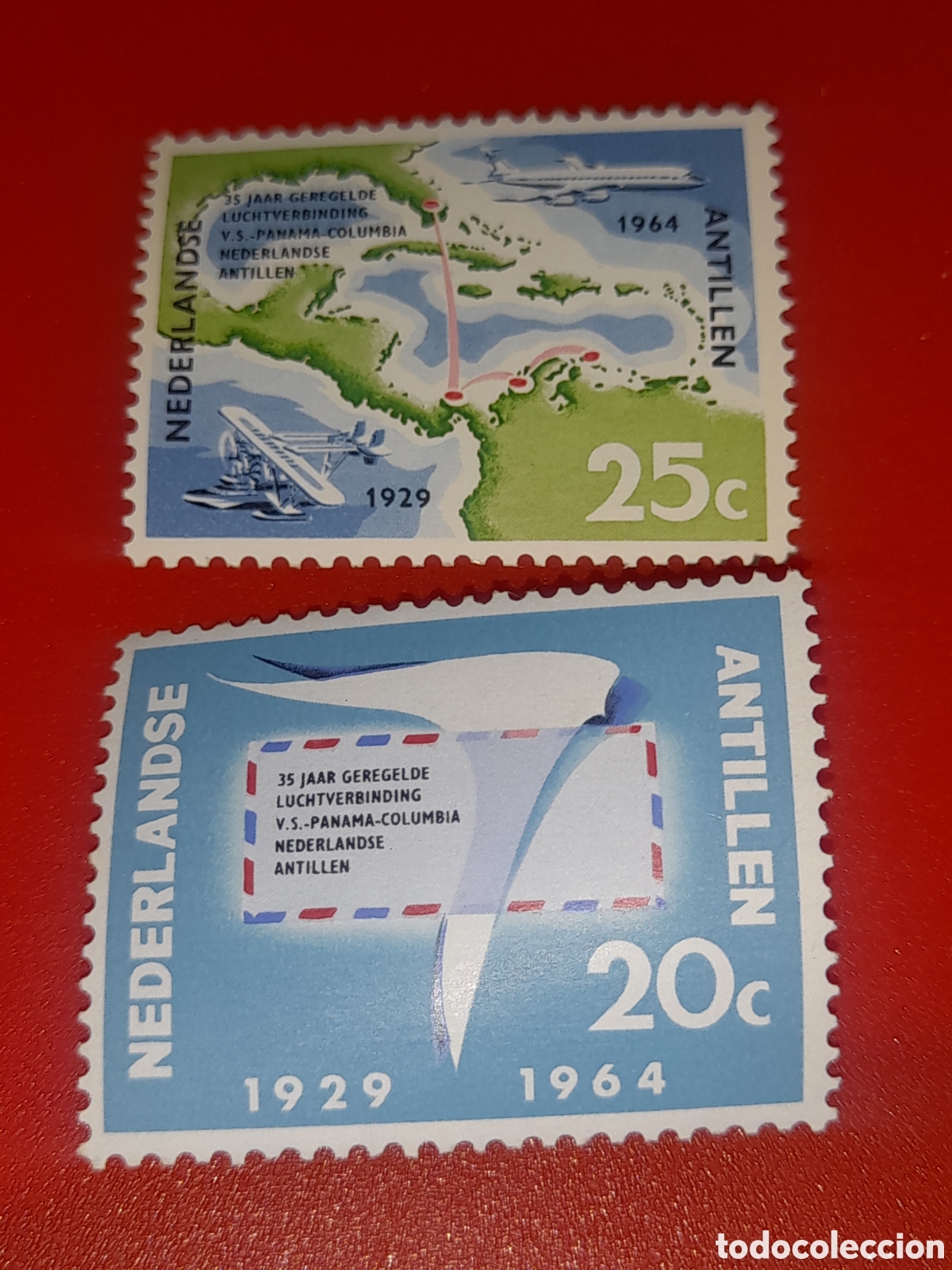 Sellos: Sello Antillas Holandesas nuevo 1964. 35Aniv servicio a&eacute;reo. Cartograf&iacute;a. Mapa. Aviones. Aviacion. C