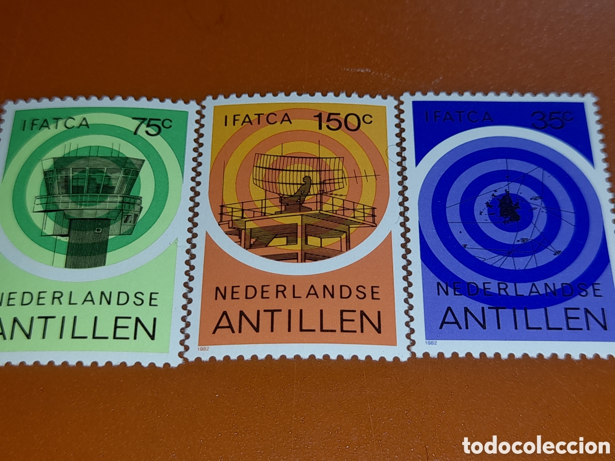Sellos: Sello Antillas Holandesas nuevo 1982. A&ntilde;o inter controladores a&eacute;reos. Torre. Aviones. Aviaci&oacute;n. Rada
