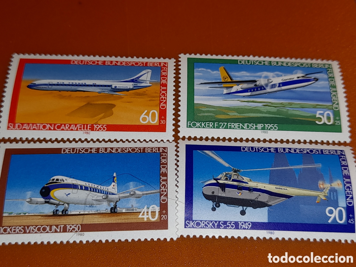 Sellos: Sello Alrmania, Berl&iacute;n nuevo 1980. Pro juventud. Aviaci&oacute;n. Aviones. Helic&oacute;ptero. Vuelos.