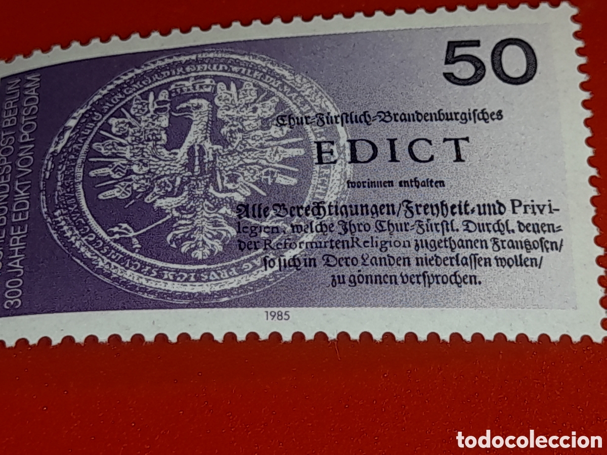 Sellos: Sello Alemania. Berlin nuevo 1985. 300Aniv edicto fundacion Postdam. Aves. Aguila Animales Hetaldico