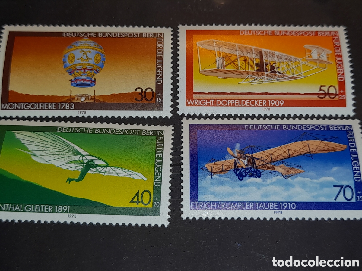 Sellos: Sello Alemania, Berlin nuevo 1978. Pro juventud. Aviones. Aviacion. Vuelos. Dirigible. Planeador Glo
