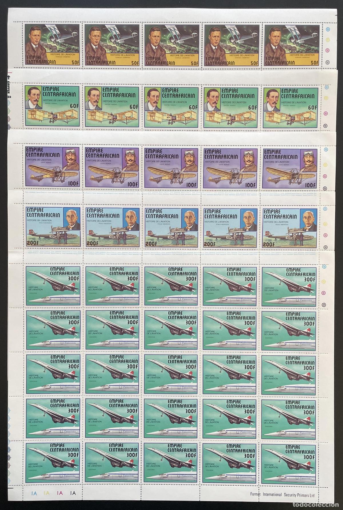Sellos: Centroafricano 1977 YT 305-309 tabl&oacute;n de aviaci&oacute;n Wright Bl&eacute;riot Concorde