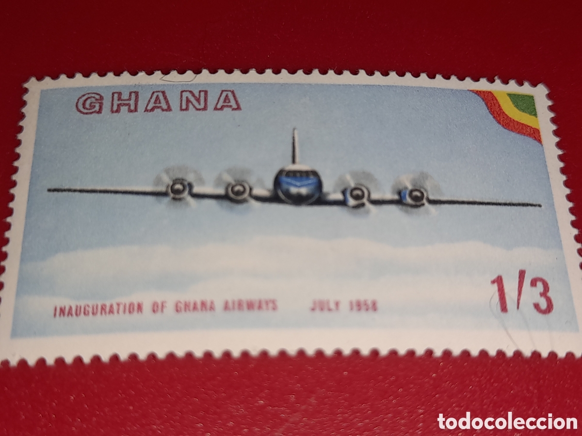 Sellos: Sello (1/4v) Ghana nuevo 1958. Inauguraci&oacute;n l&iacute;neas a&eacute;reas. Bandera. Aviones. Aviacion. Vuelos.