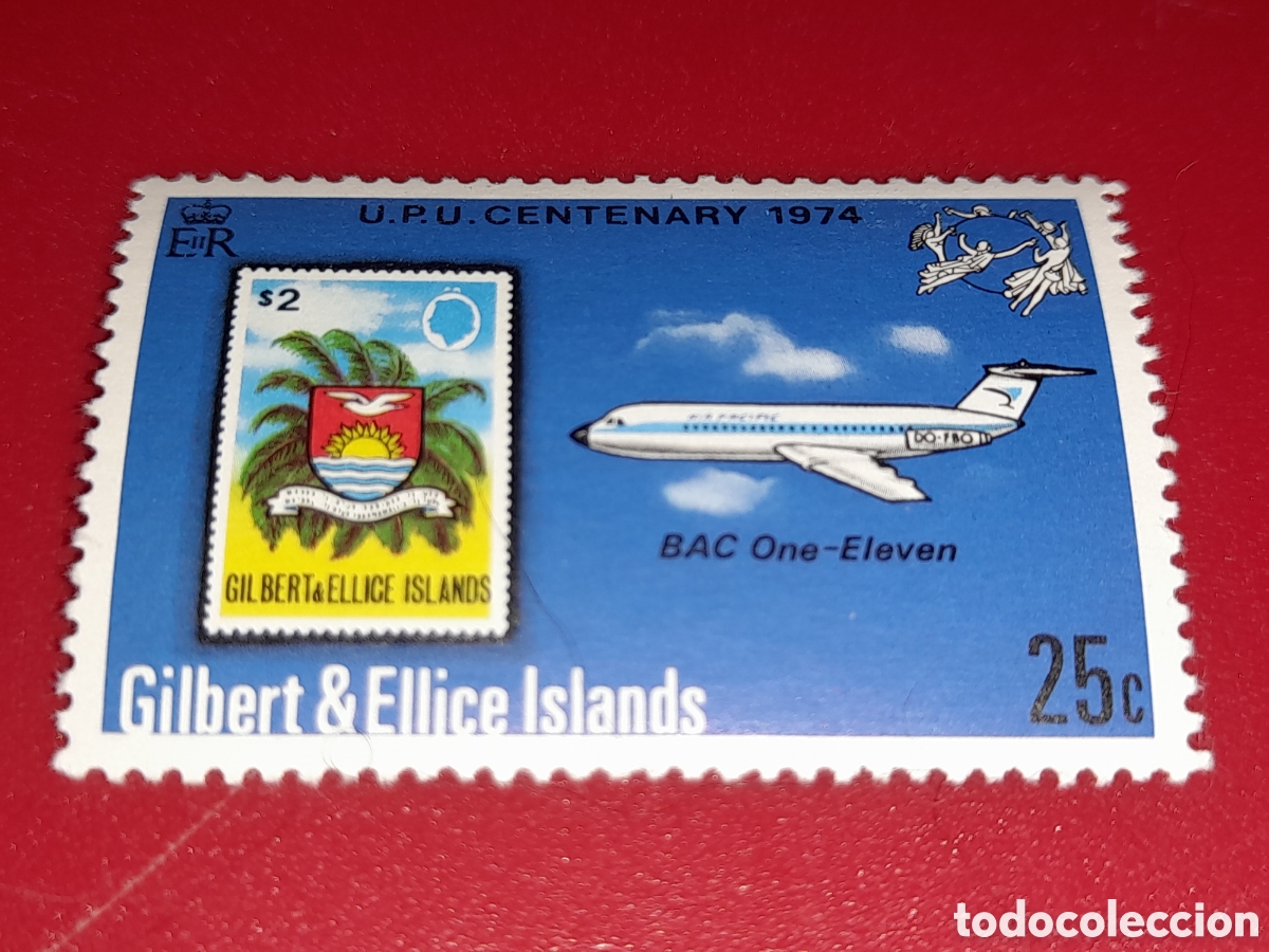 Sellos: Sello (1/4v) Gilbert- Ellice nuevo 1974. 100Aniv de Uni&oacute;n Postal Universal. U.P.U. Aviones. Aviaci&oacute;n