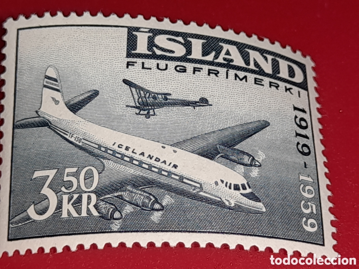 Sellos: Sello (1/2v) Islandia nuevo 1959. 50Aniv transporte a&eacute;reo. Aviones. Aviacion. Vuelos.