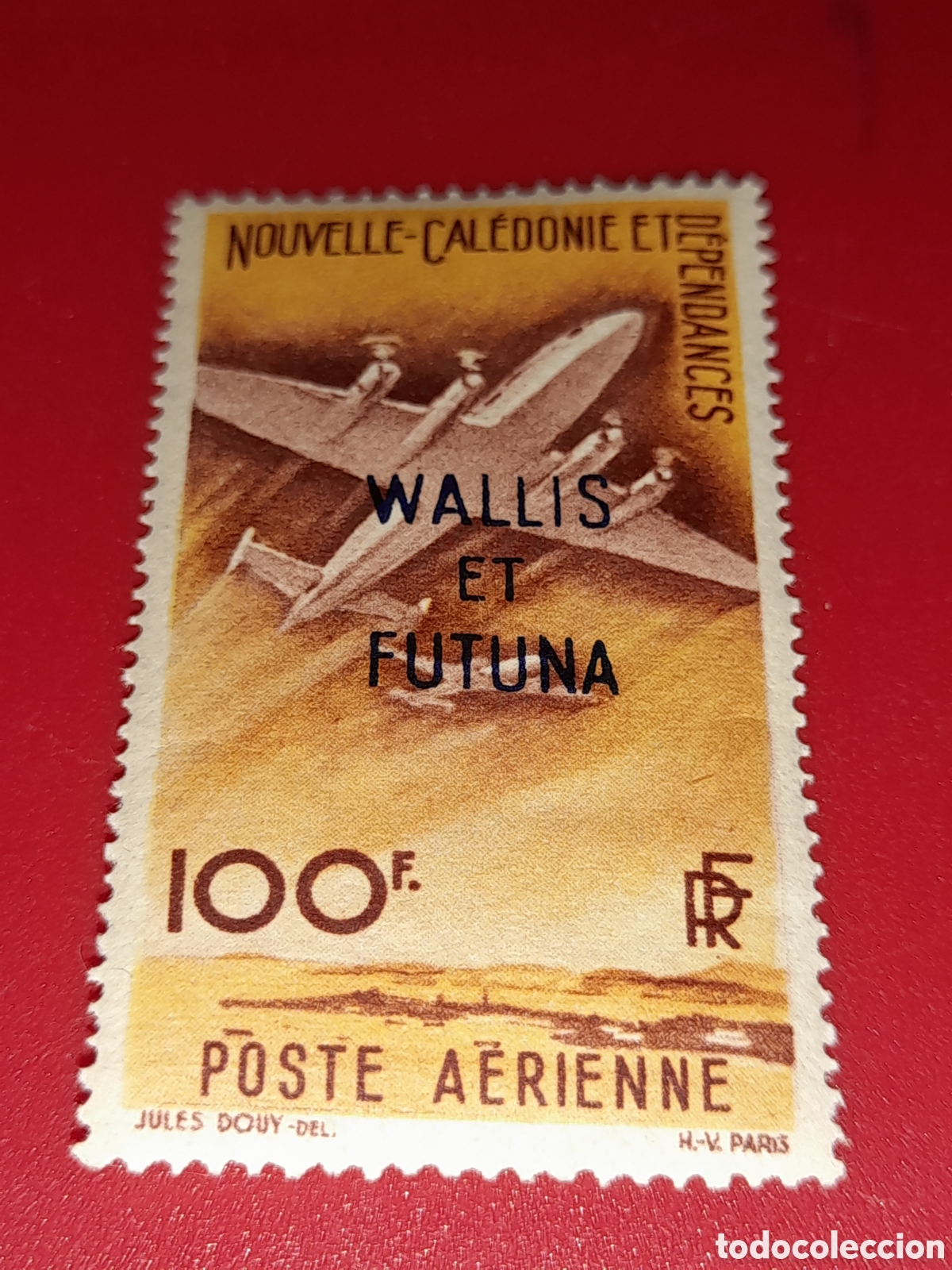 Sellos: Sello (1/2v) Wallis Futuna nuevo 1949l. Sobrecargado. Aviones. Aviaci&oacute;n. Vuelos.