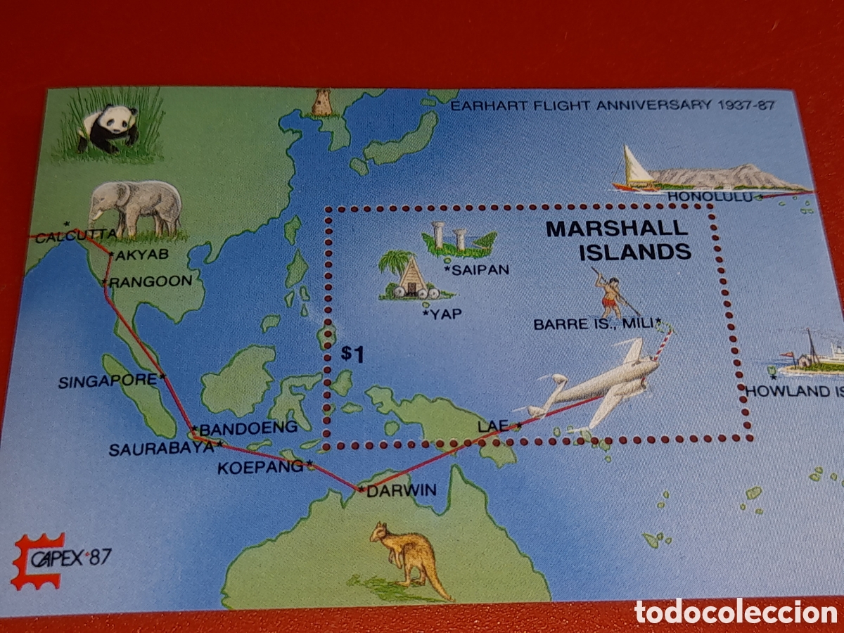 Sellos: Sello I. Marshall nuevo 1987. Exp Filt Inter. CAPEX,87. Cartograf&iacute;a. 50Aniv primer vuelo. Aviones.