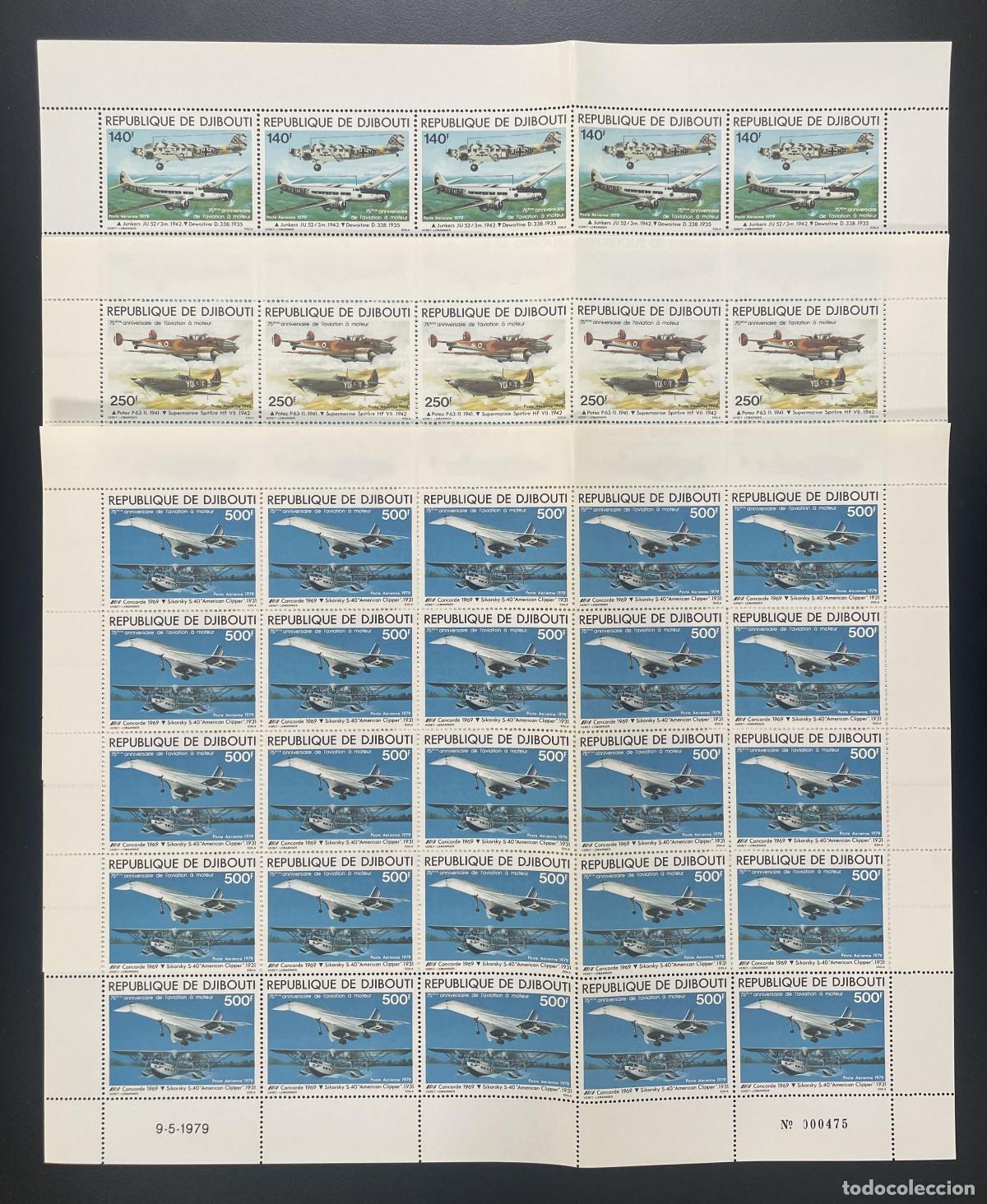Sellos: Yibuti 1979 YT PA 130-132 bloque aviaci&oacute;n Concorde Spitfire Junkers avi&oacute;n
