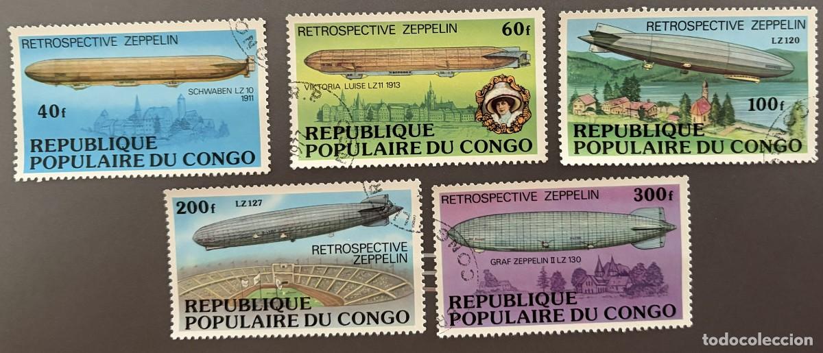 Sellos: TRANSPORTES, ZEPPELIN, CONGO, 1977, L088, SERIE USADA Y COMPLETA