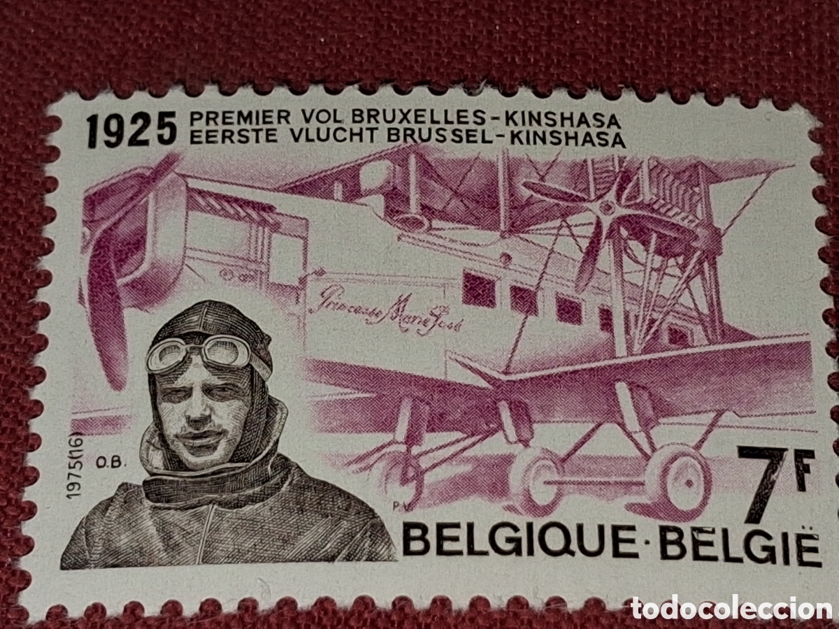 Sellos: Sello B&eacute;lgica nuevo 1975. 50Aniv primer vuelo Kinshasa. Aviones. Aviaci&oacute;n. Avioneta. Piloto