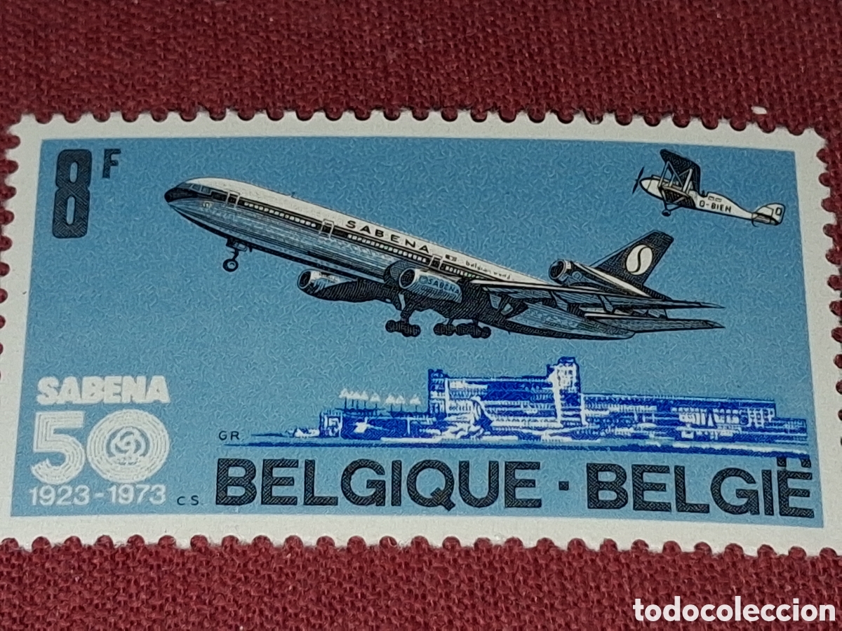 Sellos: Sello B&eacute;lgica nuevo 1973. 50Aniv l&iacute;neas aereas. Aviones. Aviaci&oacute;n. Vuelos. Civil. Avioneta. Aeropuer