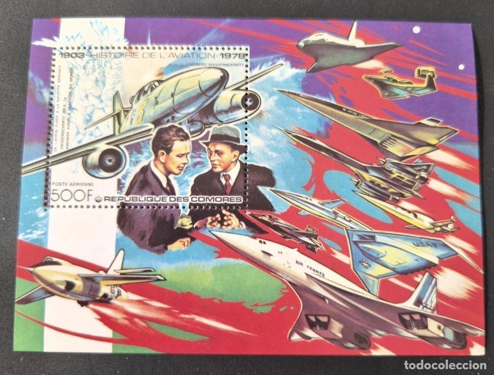 Sellos: Comoras 1978 Mi. Bl. 149 Historia aviaci&oacute;n Lindbergh Messerschmitt