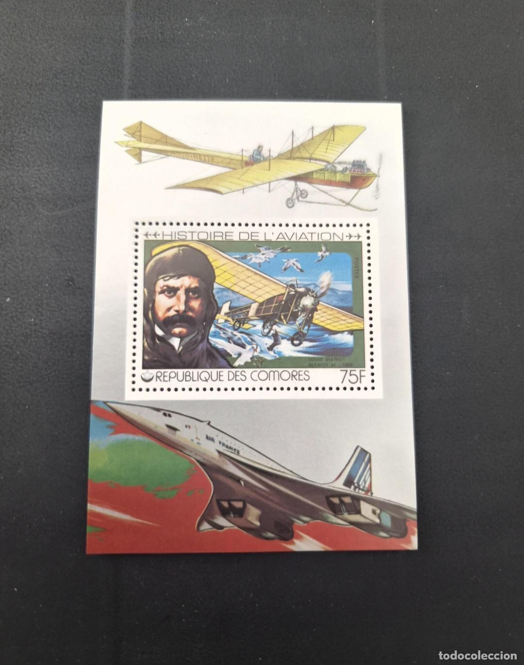 Sellos: Comores 1987 Mi. Bl. 152 Historia aviaci&oacute;n Louis Bl&eacute;riot Concorde