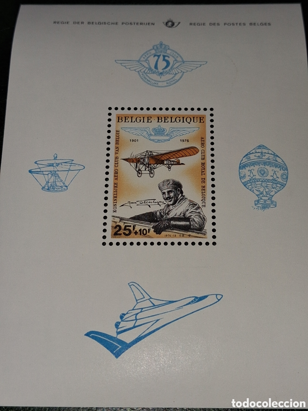 Sellos: HB B&eacute;lgica nuevo 1976. 75Aniv real aeroclub belga. Aviones. Aviaci&oacute;n. Vuelos. Avioneta.