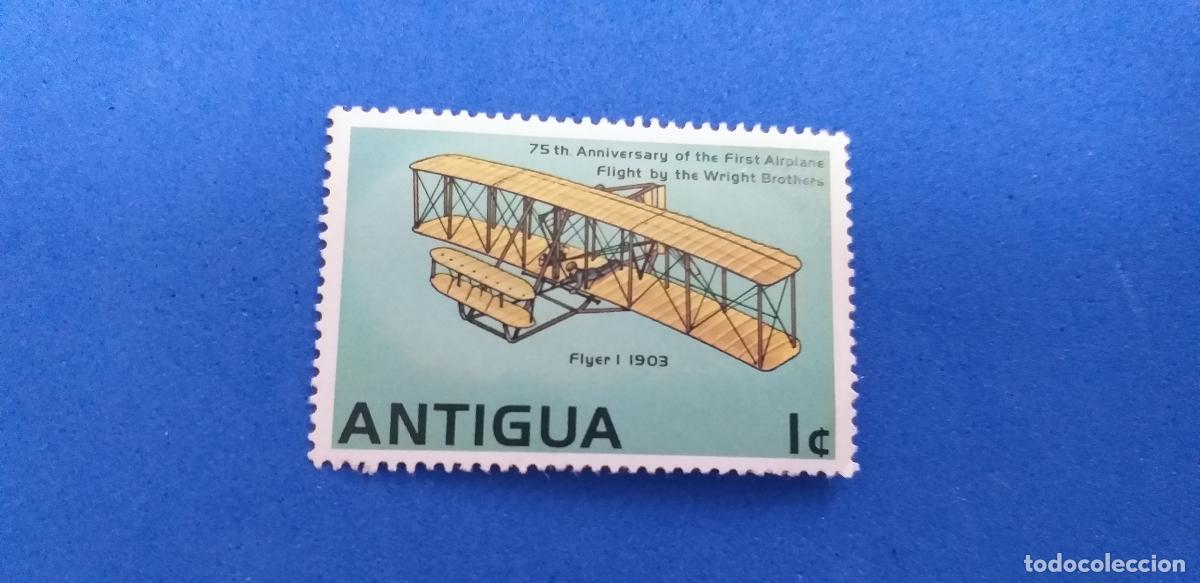 Sellos: Sello usado. Pais: Antigua. Tem&aacute;tica aviones. 75 aniv primer aeroplano