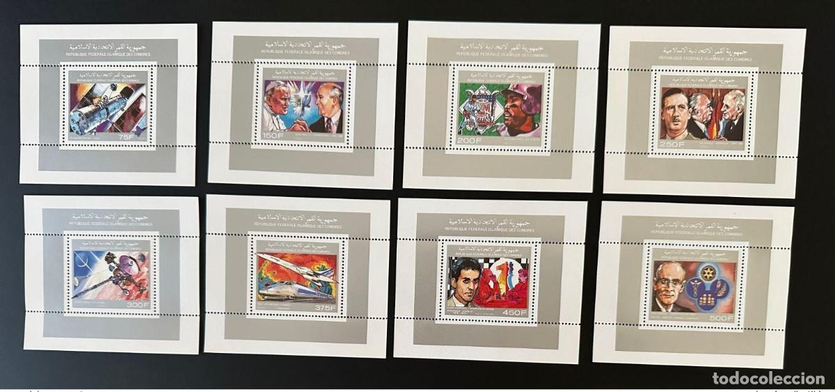 Sellos: Comoras 1990 Mi. 941 - 948 bloques Luxe Rotary Chess Papa John Paul Concorde