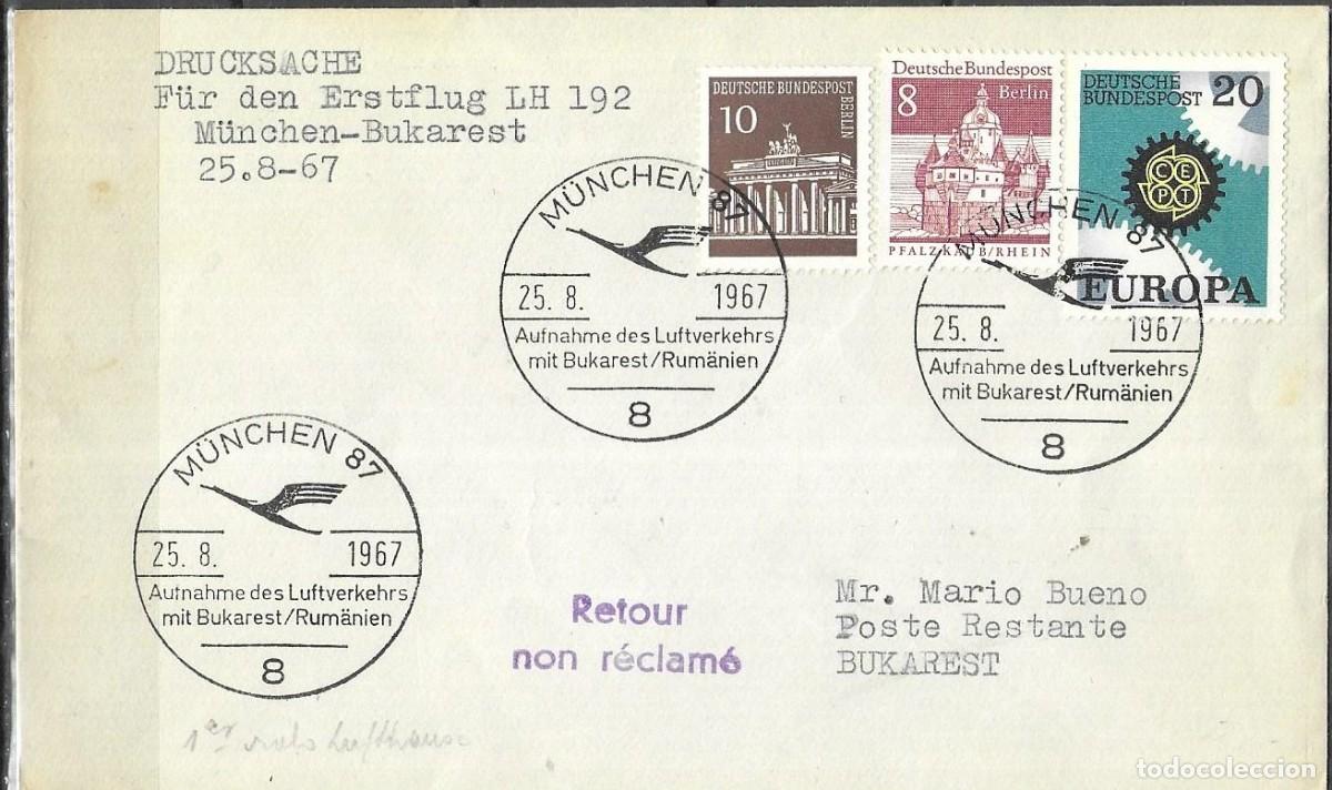 Sellos: SOBRE DE ALEMANIA 1967, 1&ordm; VUELO MUNICH BUCAREST