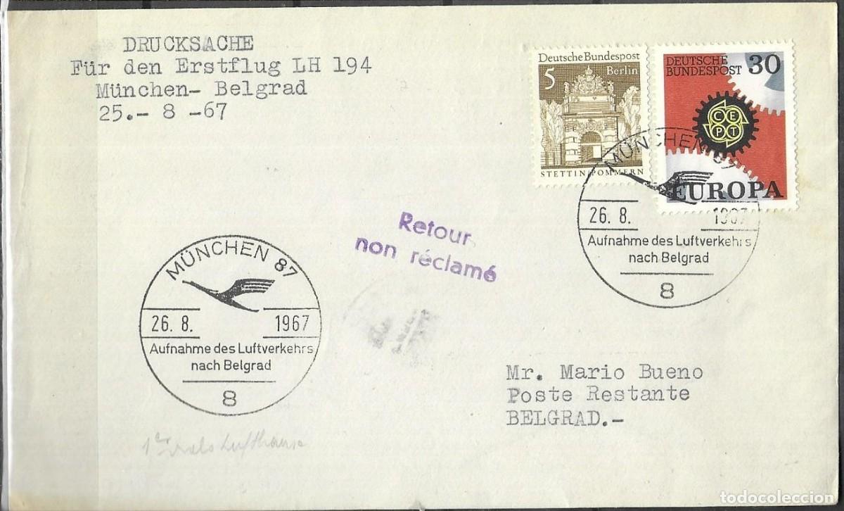 Sellos: SOBRE DE ALEMANIA 1967, 1&ordm; VUELO MUNICH BELGRADO