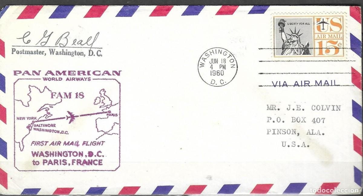 Sellos: SOBRE DE ESTADOS UNIDOS 1960, 1&ordm; VUELO PAN AM ENTRE WASHINGTON DC A PARIS