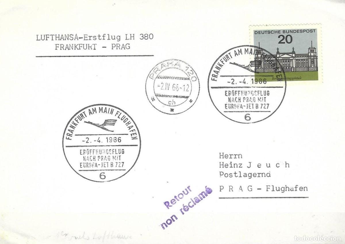 Sellos: SOBRE DE ALEMANIA 1966, 1&ordm; VUELO LUFTHANSA ENTRE FRANKFURG Y PRAGA