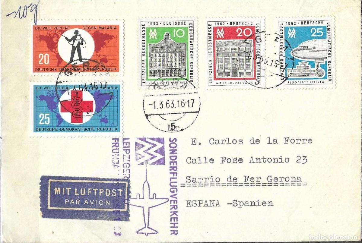 Sellos: Sobre de Correo A&eacute;reo Especial (Sonderflugverkehr) - Feria de Leipzig 1963 (DDR)