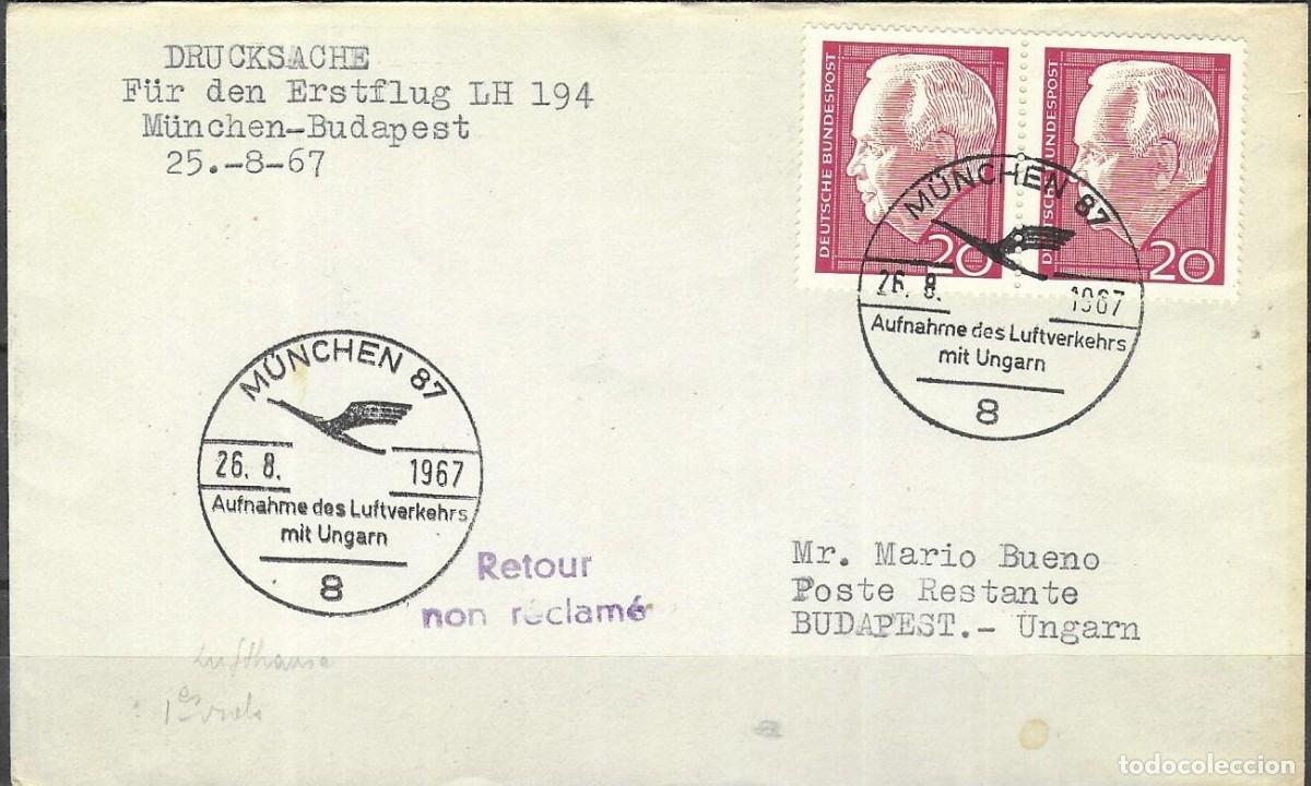 Sellos: SOBRE DE ALEMANIA 1967, 1&ordm; VUELO ENTRE MUNICH Y BUDAPEST