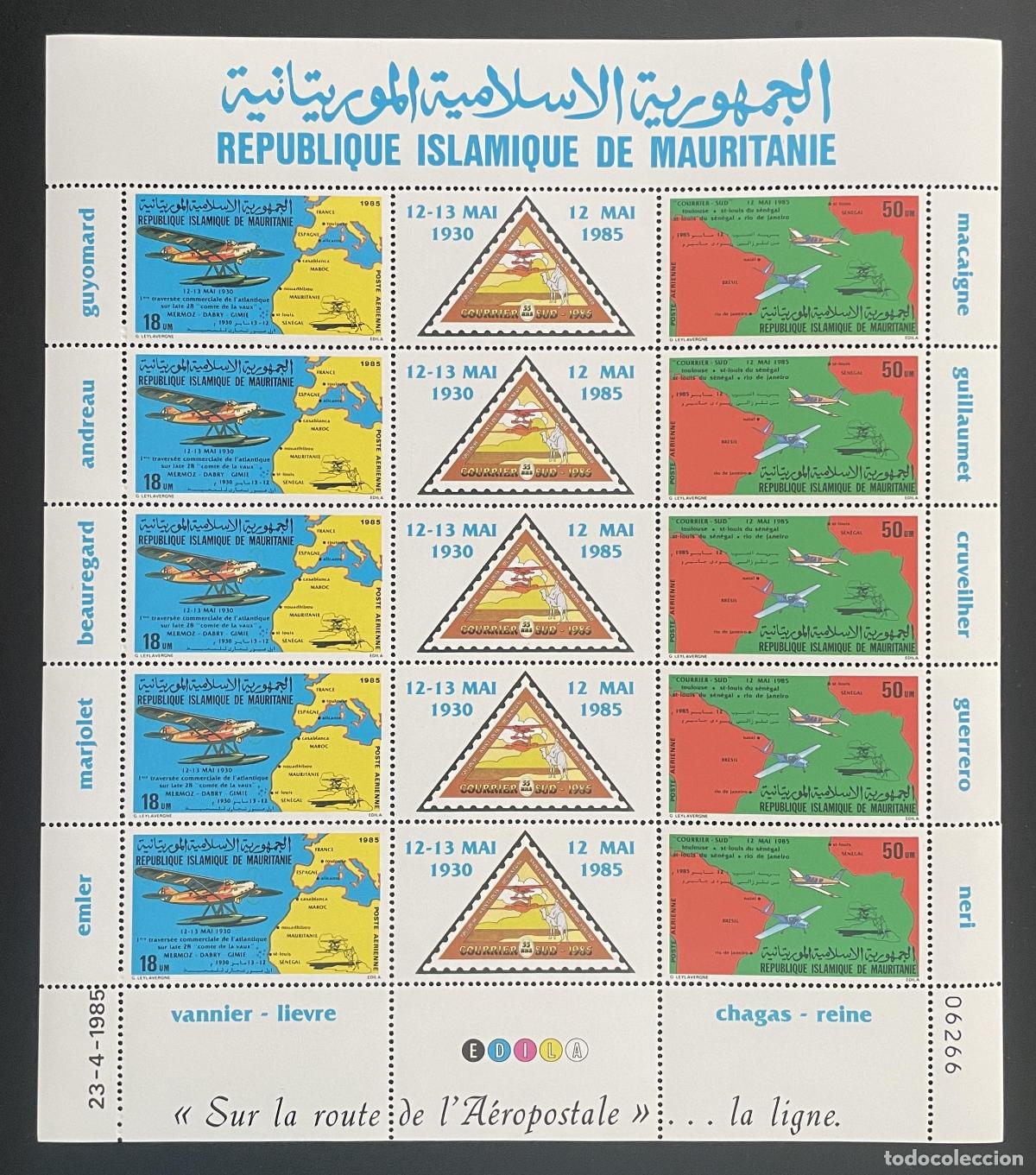 Sellos: Mauritania 1985 YT PA 235A bloque Aeropostal Mermoz traves&iacute;a Atl&aacute;ntico