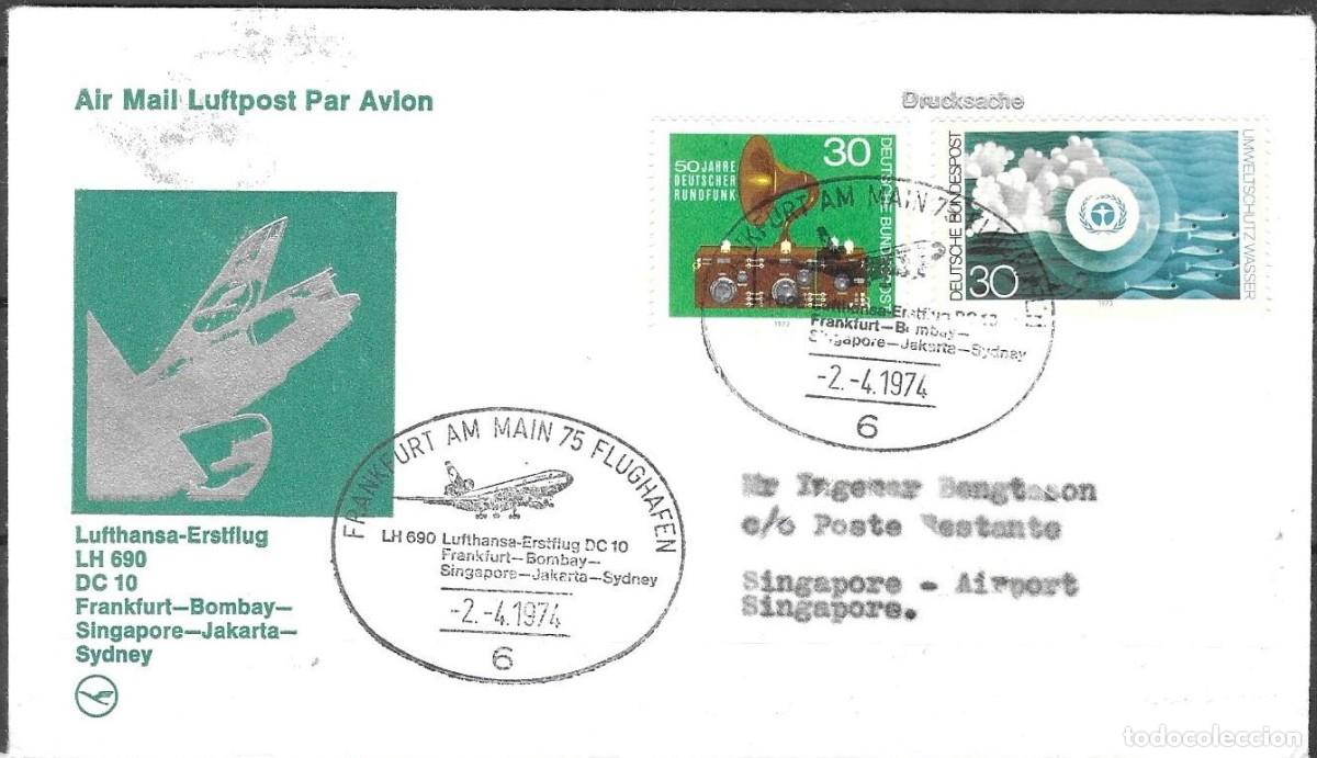 Sellos: Sobre de Primer Vuelo (PPV) Lufthansa 1974 &ndash; Vuelo LH 690 DC-10 a Singapur