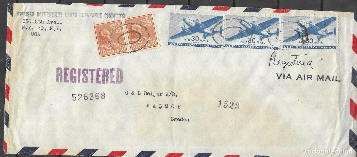 Sellos: Sobre Comercial Hist&oacute;rico 1946 - Correo A&eacute;reo Certificado Transatl&aacute;ntico (Nueva York a Suecia)