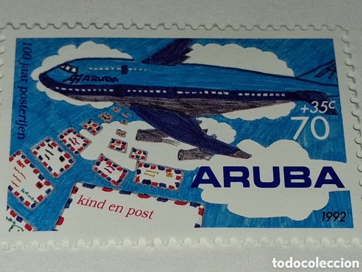 Sellos: Sello (1/3v) Aruba nuevo 1992. 100Aniv servicio postal. Aviones. Aviaci&oacute;n. Vuelos. Nubes.